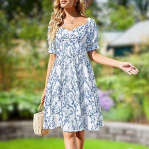 Blue Toile de Jouy Milkmaid Dress Chinoiserie Dress for Rustic Wedding Dress French Toile Dress for Countryside Dress Cottagecore Dress