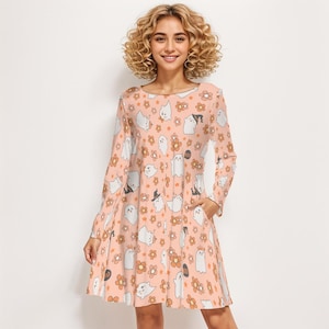 Freundlicher Geist Halloween Lehrer Kleid - Orange Midi Cosplay Skater Kleid mit Taschen, Größe S - 3XL
