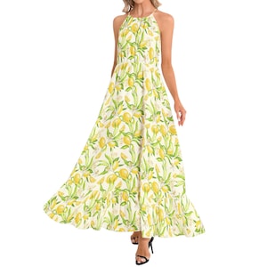 Lemon Summer Dress Ruffle Hem Halter Neck Maxi Dress Colorful Dress Italian Lemon Dress Mediterranean Dress Resort Wear Dress for Honeymoon