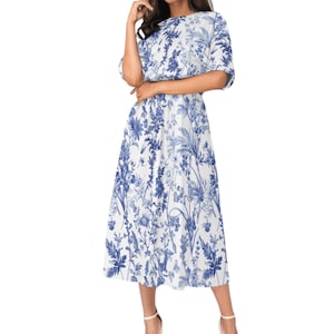 Blue Toile de Jouy French Summer Dress Chinoiserie Dress for Rustic Wedding Dress French Toile Dress for Countryside Dress Cottagecore Dress