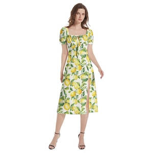 Puff Sleeve Lemon Summer Dress Sweetheart Flare Dress Italian Lemon Dress Mediterranean Dress  Resort Wear Dress for Honeymoon Outfit