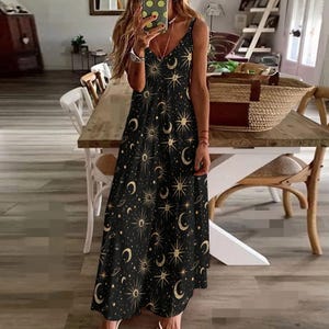Black Celestial Witch Dress Witchcore Dress Fairy Grunge Maxi Dress Whimsigoth Dress Cute Black Witchy Dress Pagan Occult Fashion Star Moon