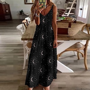 Black Celestial Witch Dress Witchcore Dress Fairy Grunge Maxi Dress Whimsigoth Dress Cute Black Witchy Dress Pagan Occult Fashion Star Moon