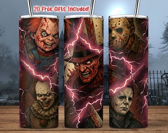 Halloween Spooky 20oz Skinny Tumbler PNG, Scary Movie Tumbler PNG, Killers Friends Tumbler PNG, Horror Characters Wrap Png, Commercial Use