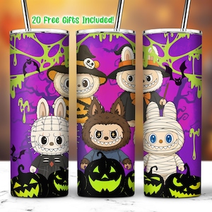 Spooky Cartoon Dolls 20 Oz Straight Tumbler Wrap PNG, Cartoon Characters Clipart, Halloween Doll Cartoon Tumbler PNG, Kawaii Monsters PNG