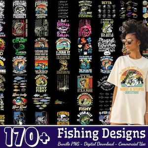 Paquete de más de 170 diseños de pesca (PNG), cazador de pesca (PNG), pesca de lubina (PNG), papá pescador (PNG), frase divertida sobre peces (PNG), pescador (PNG), uso comercial