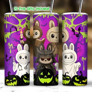 Halloween Doll Cartoon 20 Oz Straight Tumbler Wrap PNG, Cartoon Characters Clipart, Spooky Cartoon Dolls Tumbler PNG, Kawaii Monsters PNG