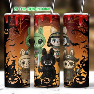 Halloween Doll Cartoon 20 Oz Straight Tumbler Wrap PNG, Cartoon Characters Clipart, Spooky Cartoon Dolls Tumbler PNG, Kawaii Monsters PNG