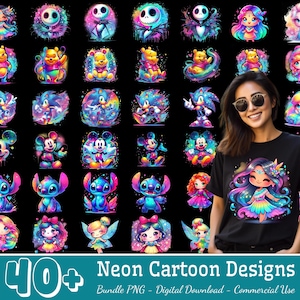 40+ Designs Neon Cartoon PNG Bundle, Cartoon Characters PNG, Cartoon Movies Clipart, Princess Png, Colorful Cartoon Png, Commercial Use