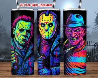 Killers Friends 20oz Skinny Tumbler PNG, Horror Movies Tumbler PNG, Neon Halloween Tumbler PNG, Horror Characters Wrap Png, Commercial Use
