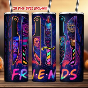 Envoltura para vaso delgado de 20 oz de Killer Friends, PNG, vaso con personaje de terror, envoltura para vaso de Halloween 2025, PNG, película de terror, uso comercial