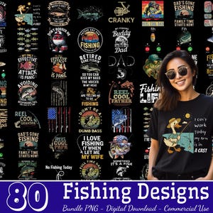 Paquete de 80 diseños de pesca (PNG), cazador de pesca (PNG), pesca de lubina (PNG), papá pescador (PNG), frase divertida sobre peces (PNG), pescador (PNG), uso comercial