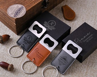 Personalized leather keychain bottle opener, engraved groomsmen gift, wedding party favor, gift for men