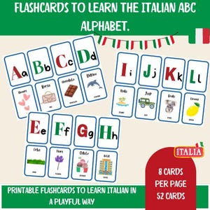 Italienisch Vokabeln Karteikarten für Kinder - Lerne das Alphabet - zweisprachige Lernmittel - Italienische Vokabeln - Digitaler Download 4 Lernspiele