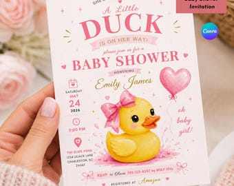 Invito per baby shower a tema paperella di gomma rosa, modello modificabile, invito stampabile per baby shower per bambina, invito per baby shower a tema paperella