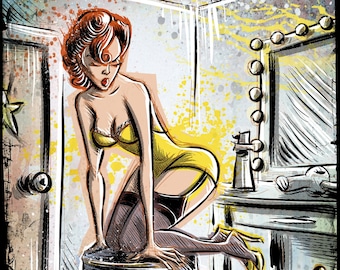 Pin Up Girl VS The Thing Art Print Spider Head 50's Elvgrin Elvgren John Carpenter Dressing Room Joe Badon illustration drawing sexy horror