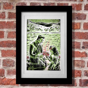 Puede incluir: Una ilustraci&oacute;n en blanco y negro de un hombre y una ni&ntilde;a de pie en un campo de flores. El hombre lleva un traje y la ni&ntilde;a lleva un vestido. El fondo es un campo verde con colinas en la distancia.