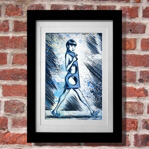 May include: A framed illustration of a woman in a blue dress with a geometric pattern. The woman is walking and has short black hair. The background is a blue and white abstract design.