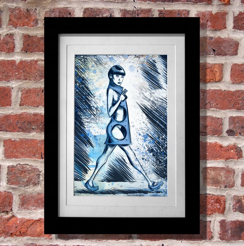 May include: A framed illustration of a woman in a blue dress with a geometric pattern. The woman is walking and has short black hair. The background is a blue and white abstract design.