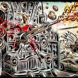 May include: A woman in a red jumpsuit plays a futuristic electric guitar in front of a wall of speakers. The guitar has a large, circular, metal body and a long, thin neck. The woman is wearing a black mask and has long, flowing hair. The speakers are all different sizes and shapes, and they are arranged in a chaotic pattern. The background is a blurry image of a desert landscape with a car driving through it.