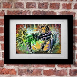 May include: A colourful, graphic illustration of a woman holding a gun. The woman is wearing a black and purple outfit and is posed in a dynamic action pose. The background is a mix of green, yellow, and purple.