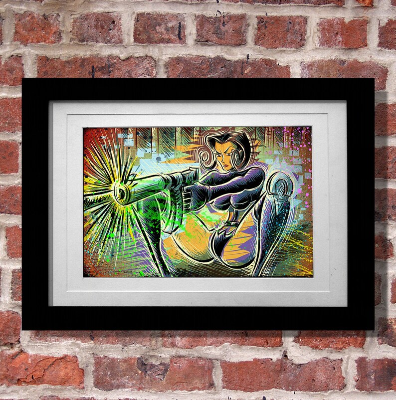 May include: A colourful, graphic illustration of a woman holding a gun. The woman is wearing a black and purple outfit and is posed in a dynamic action pose. The background is a mix of green, yellow, and purple.
