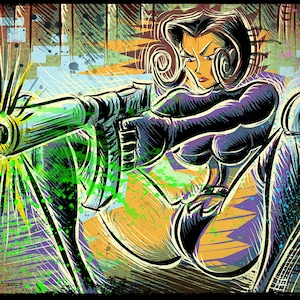 May include: A woman in a black and purple outfit holds a large gun against a green and yellow background. The image is stylised with a comic book aesthetic.