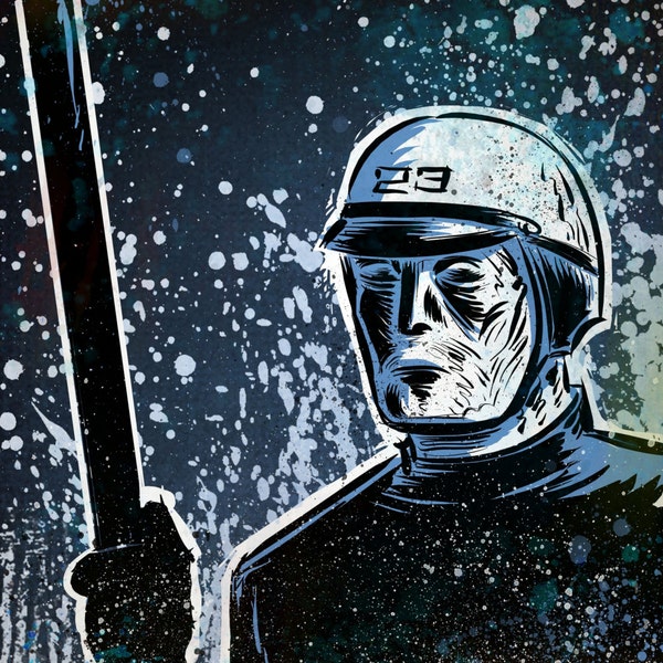 THX 1138 Stampa artistica. Bicromato di potassio Robot George Lucas Joe Badon polizia Cop macchina bastone d'argento Lucasfilm Film Movie Poster illustrazione disegno