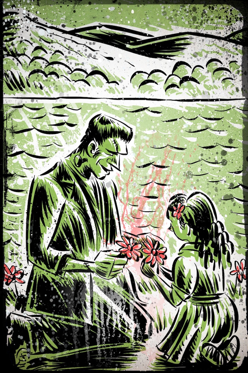 Puede incluir: Una ilustraci&oacute;n en blanco y negro de un monstruo verde que le da un ramo de flores rosas a una ni&ntilde;a con una flor en el pelo. El fondo es un paisaje verde y blanco.