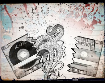 Tape Worm Art Print, Cthulhu, tentacles, casette tape, collage art, splatter paint, poster, wall art, octopus, H P Lovecraft, father's day