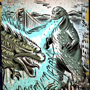 Godzilla (Japan) VS Godzilla (USA) Art print, Illustration, 2014, Geekery, Kaiju, Monster,Poster, Christmas Gift