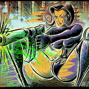 May include: A woman in a black and purple outfit holds a large gun against a green and yellow background. The image is stylised with a comic book aesthetic.