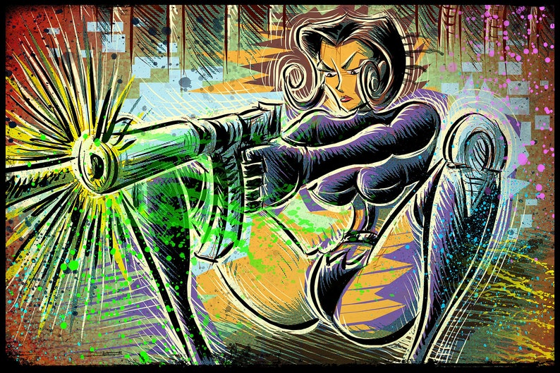 May include: A woman in a black and purple outfit holds a large gun against a green and yellow background. The image is stylised with a comic book aesthetic.