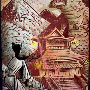 Kaiju vs Samurai Art Print. Monster Godzilla Father&#39;s day present birthday gift illustration drawing ultraman gamera japanese sci fi horror