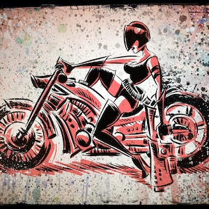 Motorcycle Girl Gun Print. wall art art print bike woman female blaster helmet visor wheels chopper harley harleydavidson harley davidson