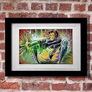 May include: A colourful, graphic illustration of a woman holding a gun. The woman is wearing a black and purple outfit and is posed in a dynamic action pose. The background is a mix of green, yellow, and purple.