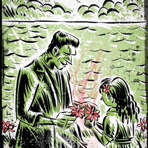 Puede incluir: Una ilustraci&oacute;n en blanco y negro de un monstruo verde que le da un ramo de flores rosas a una ni&ntilde;a con una flor en el pelo. El fondo es un paisaje verde y blanco.