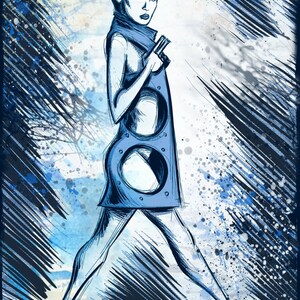 May include: A woman in a blue dress with a geometric pattern walks on a blue and white abstract background.