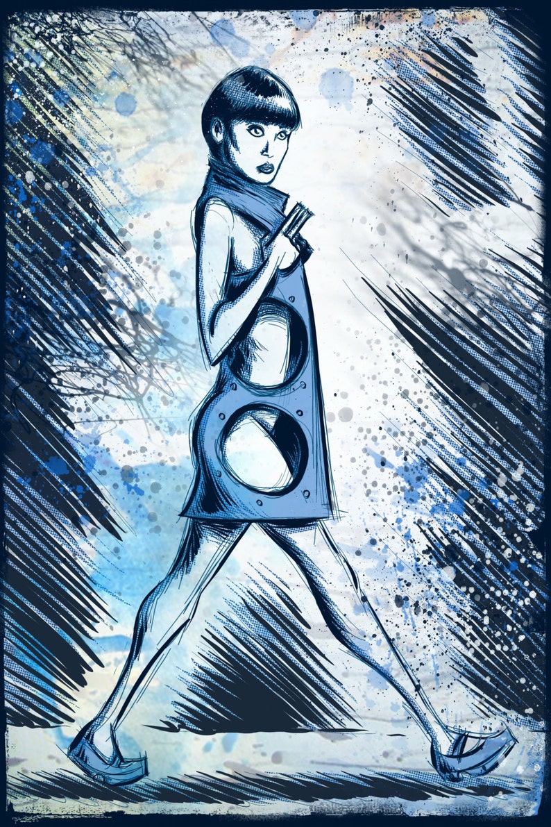 May include: A woman in a blue dress with a geometric pattern walks on a blue and white abstract background.