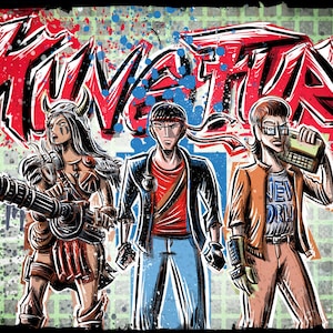 Könnte beinhalten: Eine digitale Kunst-Illustration von drei Personen, die vor einer Graffiti-Wand mit dem Wort "RUVAFURY" in Rot und Blau stehen. Die Person links ist eine Frau mit langen, dunklen Haaren, die ein Lederoutfit trägt und eine große Maschinenpistole hält. Die Person in der Mitte ist ein Mann mit kurzen, dunklen Haaren, der ein rotes Hemd, eine schwarze Jacke und eine blaue Jeans trägt. Die Person rechts ist ein Mann mit langen, blonden Haaren, der eine braune Jacke, ein blaues Hemd mit dem Schriftzug "NEW YORK" und eine braune Hose trägt.