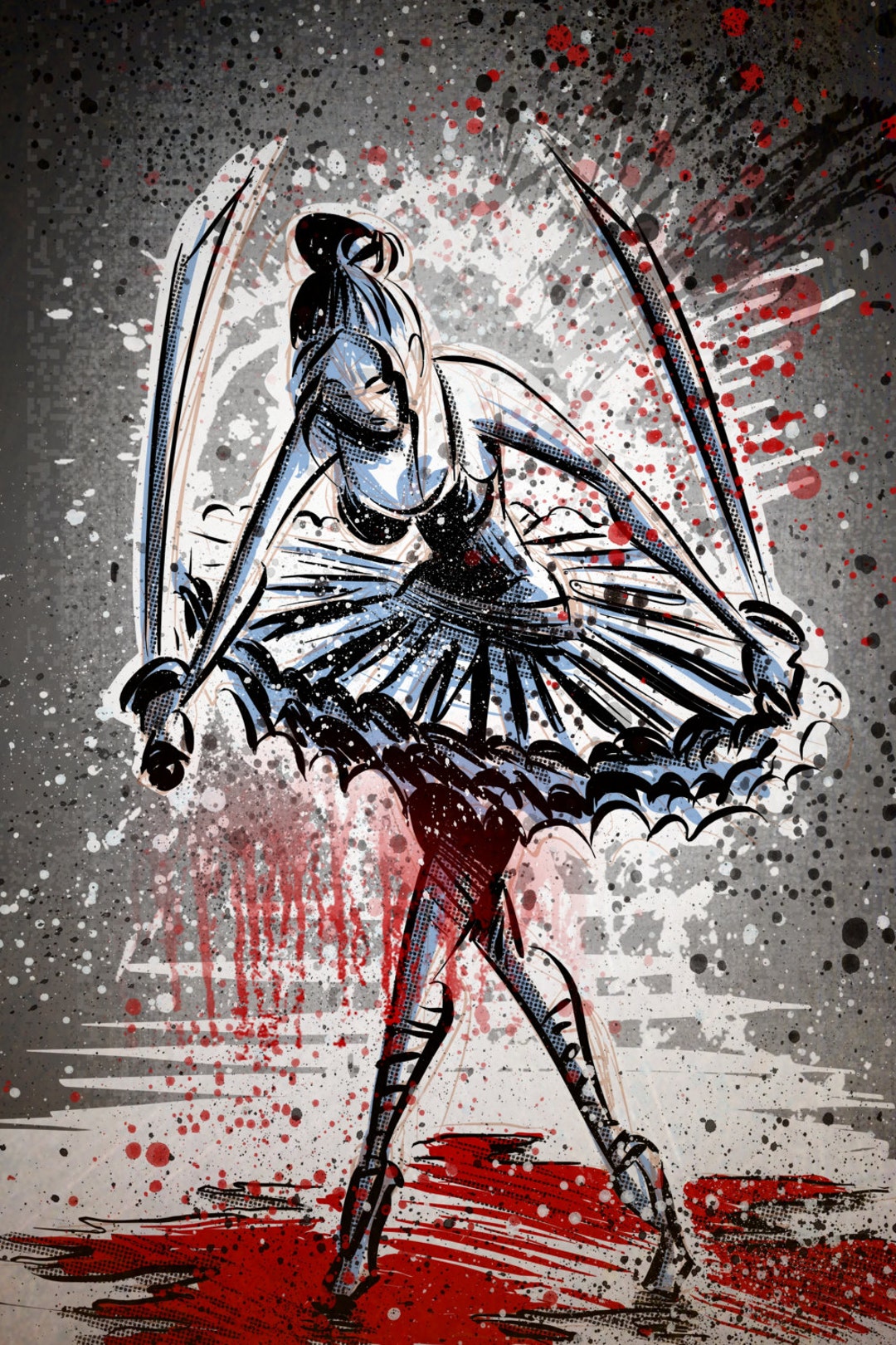 血が飛び散ったバレリーナのアートプリント、忍者、サムライ、血