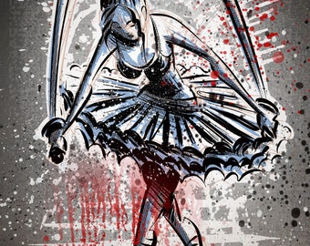 The Blood Splattered Ballerina Art Print ,Ninja, Samurai, Blood, Gore,Home Decor, Cartoon, Horror, Creepy, Illustration, Wall Art, girl