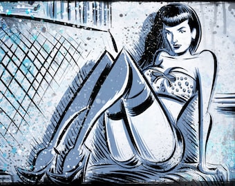 Bettie Page Art Print betty page pin up rocketeer woman female brunette 50's fifties notorious joe badon queen pinup drawing retro mod girl