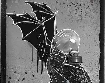 Girl Gas Mask Vampire Wings Art Print. Dracula, Gothic Emo Collage Art Wall Art Baroque Black and White Bram Stoker