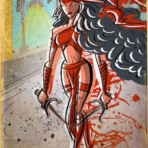 May include: A digital illustration of a woman in a red and black costume with a red bandana. She is holding two whips in her hands. The background is a city scene with a grunge effect.