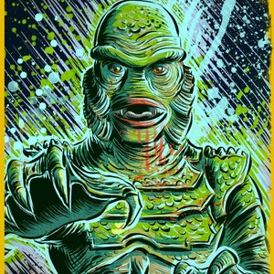 Puede incluir: Una ilustraci&oacute;n de una criatura de la laguna negra, representada en verde y azul con un fondo de pintura salpicada.