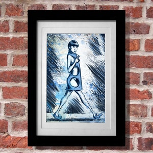 May include: A framed illustration of a woman in a blue dress with a geometric pattern. The woman is walking and has short black hair. The background is a blue and white abstract design.