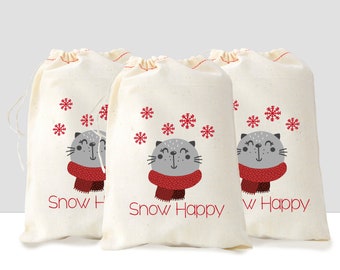 Cat Party Favor Bags, Winter Gift Bags, Thank you Bags, Winter Puns, Snow Happy, Christmas Gift Bags