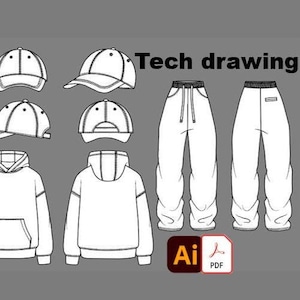 Dibujo técnico de moda, conjunto de ropa de calle listo para personalizar (sudadera con capucha, pantalones deportivos de gran tamaño, gorra)