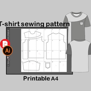 May include: A printable T-shirt sewing pattern in Adobe Illustrator format. The pattern includes pieces for the front, back, sleeves, and a pocket. The pattern is labeled "Printable A4".